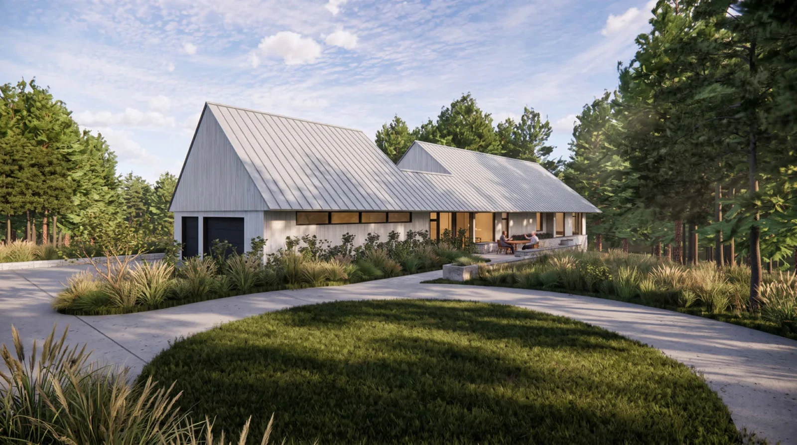 Architect’s rendering of Kinstead Residence, with standing-seam roofs, vertical siding and a landscaped arrival court