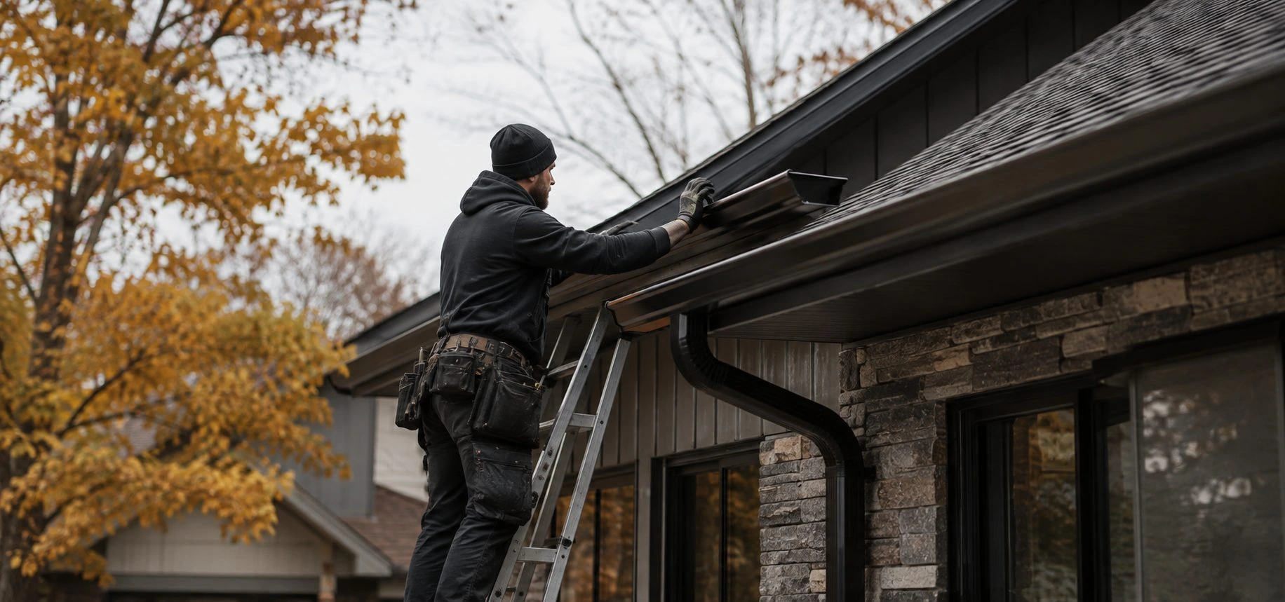Gutter work at the roof edge of a home