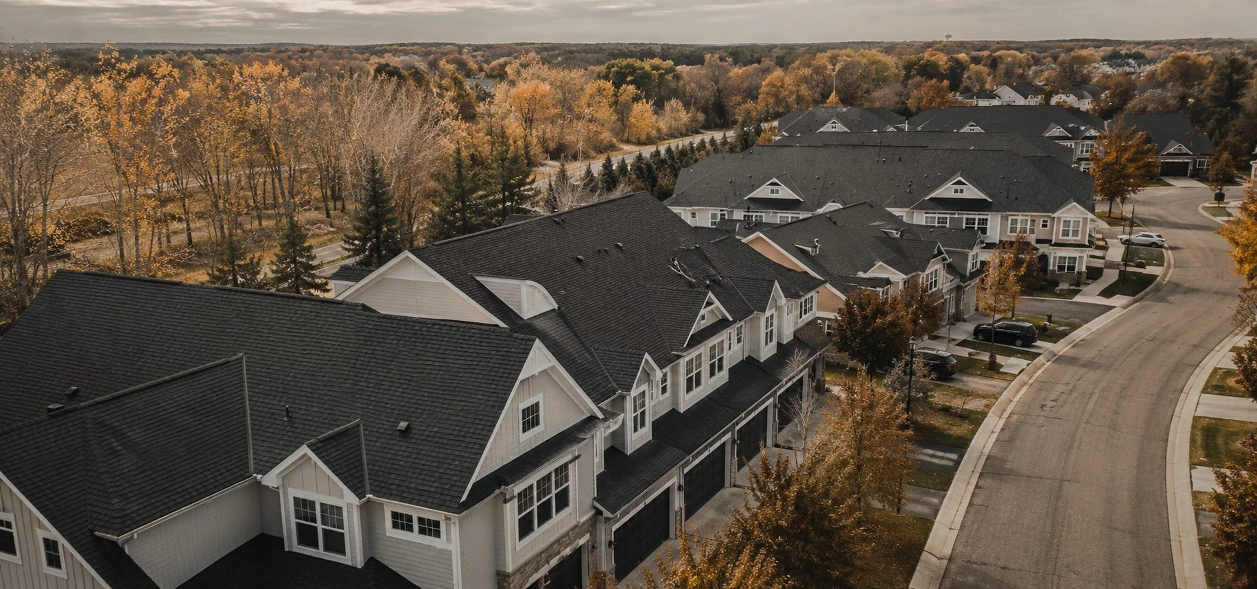 A community of homes with coordinated roofs and exteriors